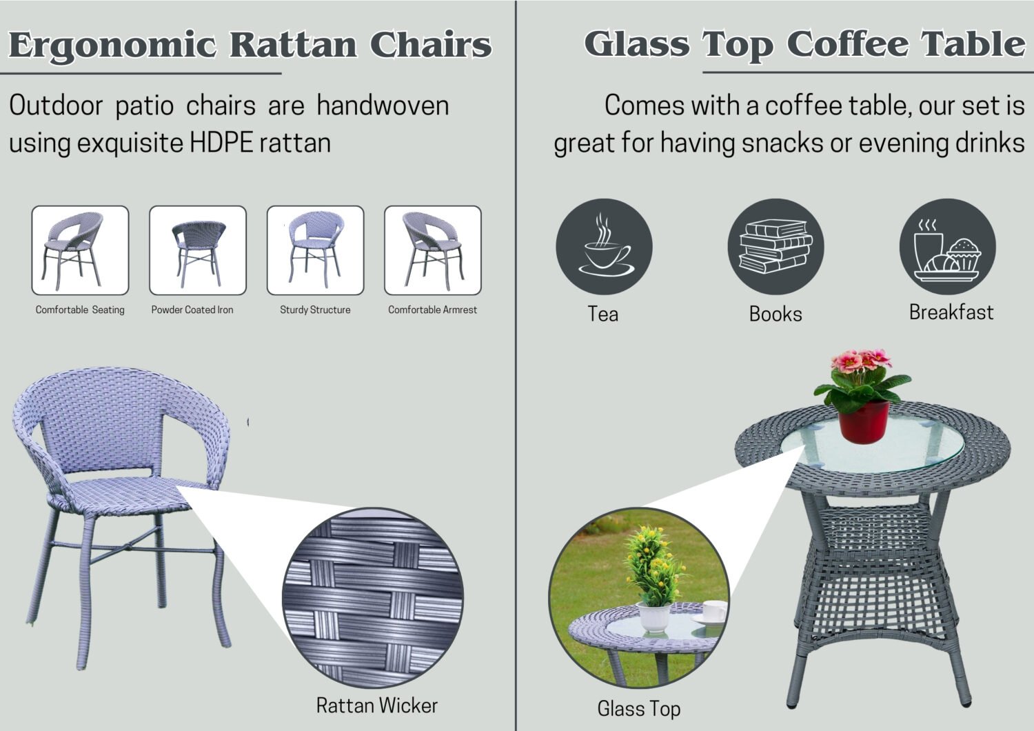 5-Piece Outdoor Rattan Wicker Patio Bistro Set (Silver Grey) - Image 4