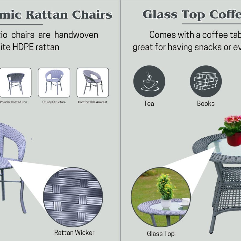 Outdoor All Weather Rattan Wicker 3-Piece Patio Bistro Set (Silver Grey) - Image 4