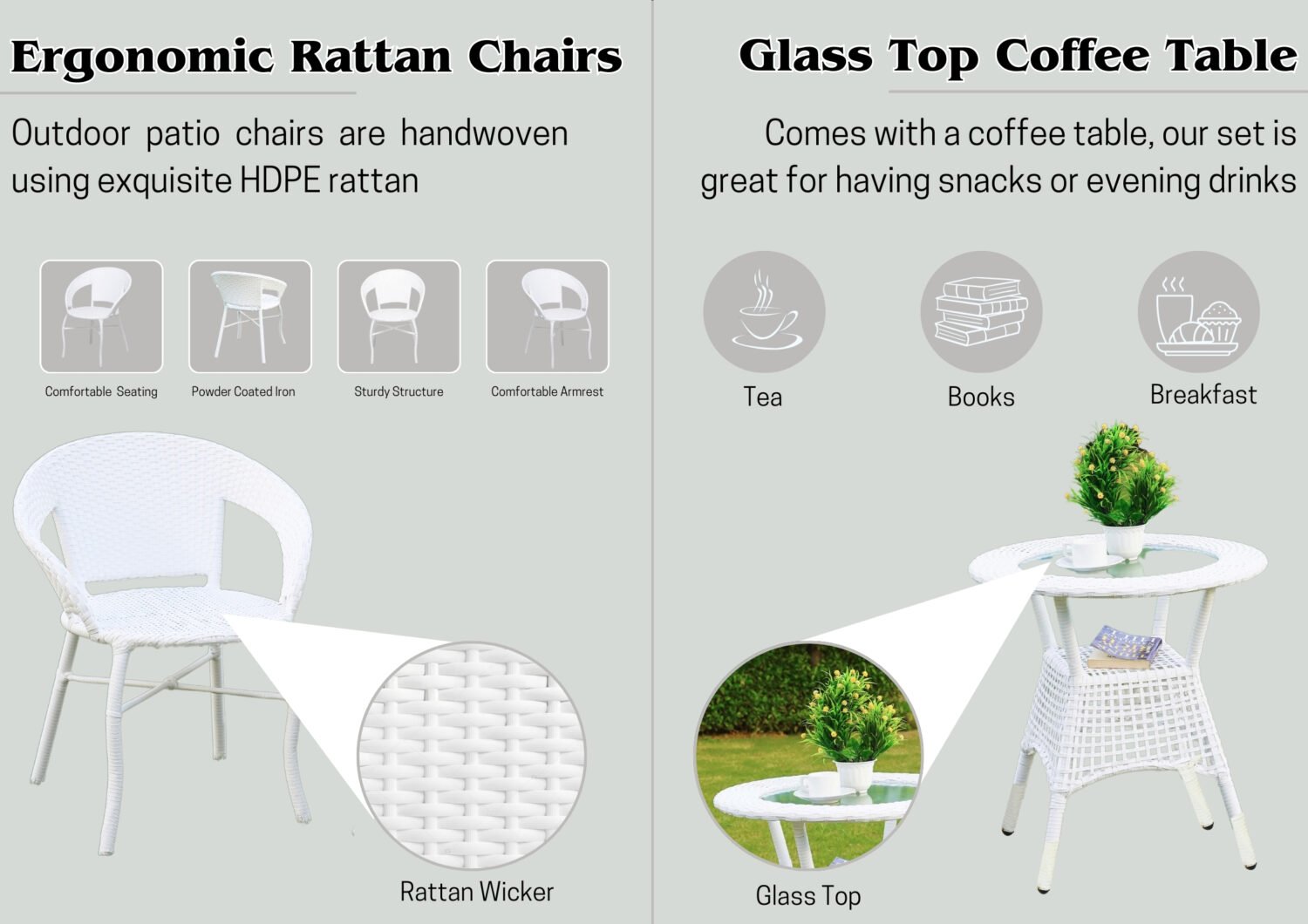 Outdoor All Weather Rattan Wicker 3-Piece Patio Bistro Set (White) - Image 4