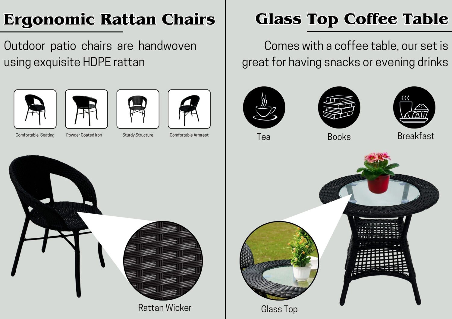 5-Piece Outdoor Rattan Wicker Patio Bistro Set (Black) - Image 4