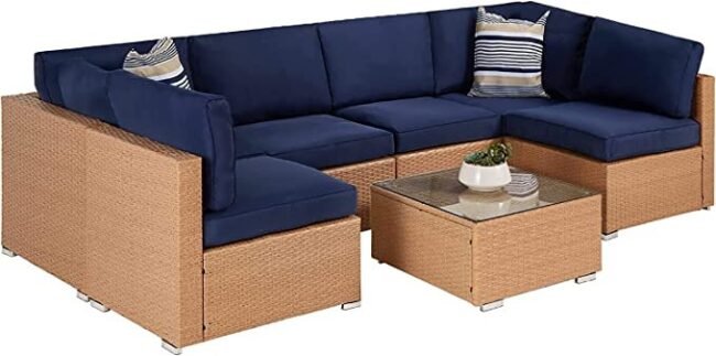 DEVOKO 5-Seater Outdoor L-Shape Sofa Set - Beige/Navy Blue - Image 3