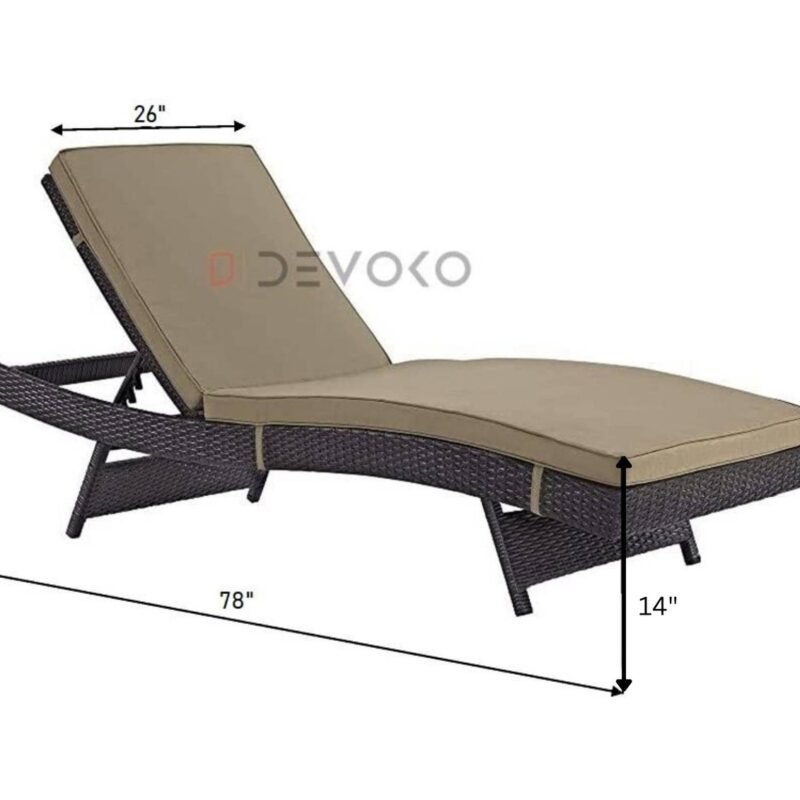 1 Pc Adjustable Rattan Wicker Chaise Lounge with Beige Cushion - Image 2