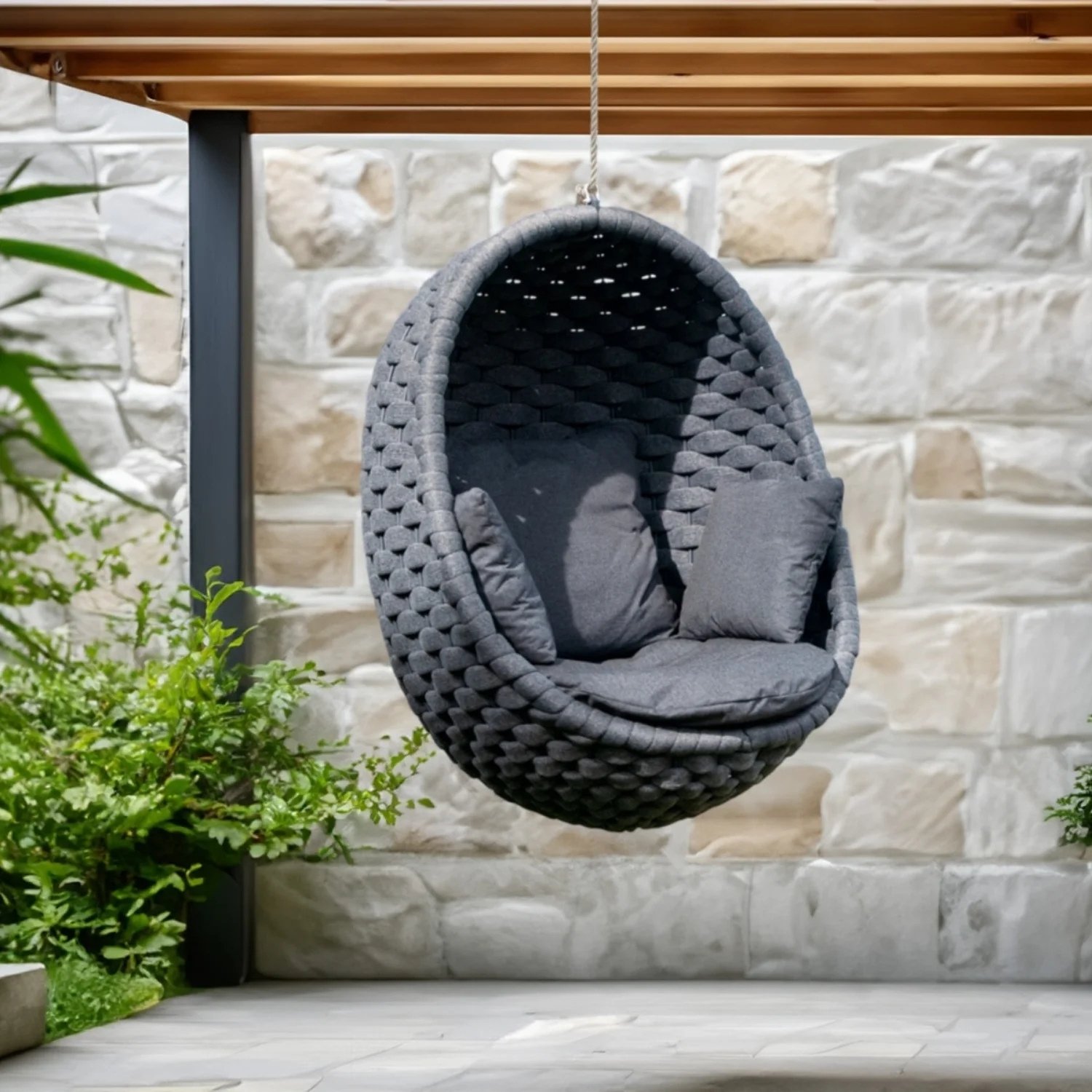 Grey Rope Hanging Egg Swing Chair  with Dark Grey Cushions
