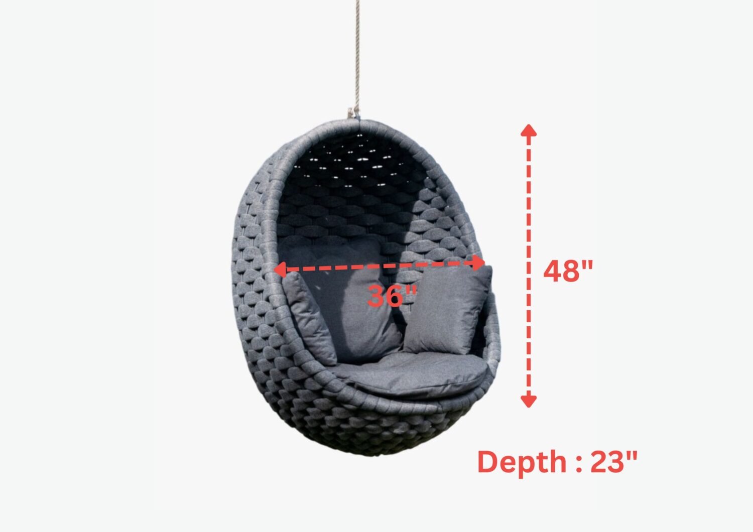 Grey Rope Hanging Egg Swing Chair  with Dark Grey Cushions - Image 2