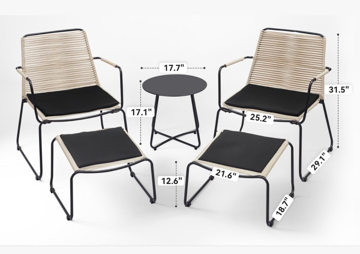 5 Piece Outdoor Patio Set with Ottoman & Side Table (Beige & Black) - Image 2