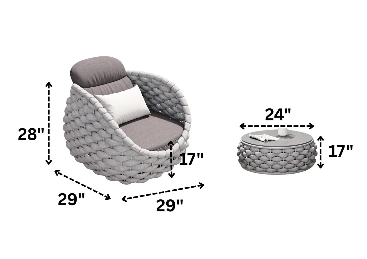 3-Piece Bird's Nest Shape Outdoor Rope Patio Set (Silver Grey & Dark Grey) - Image 2
