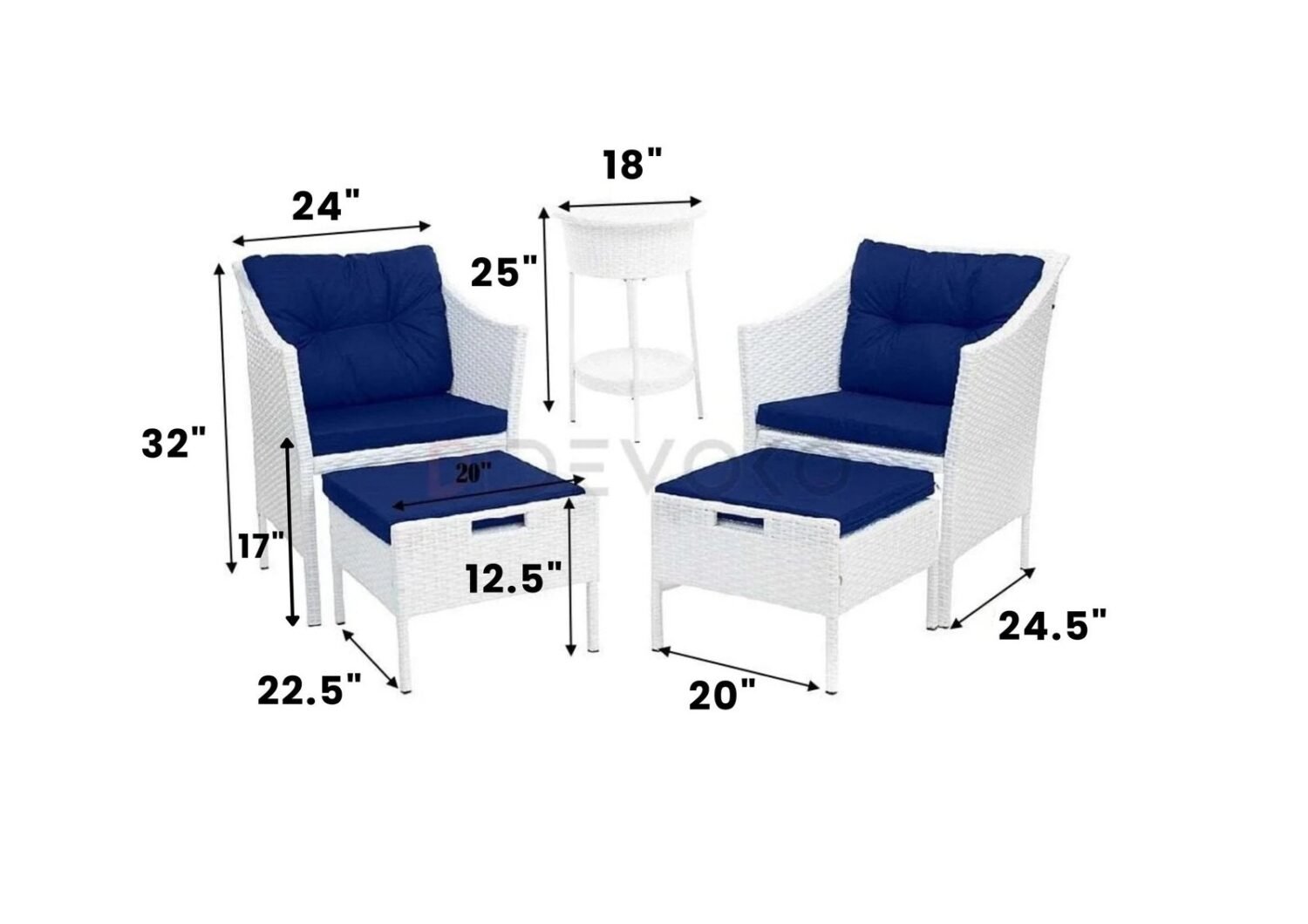 5-Piece Rattan Wicker Patio Furniture Set (White & Royal Blue) - Image 2