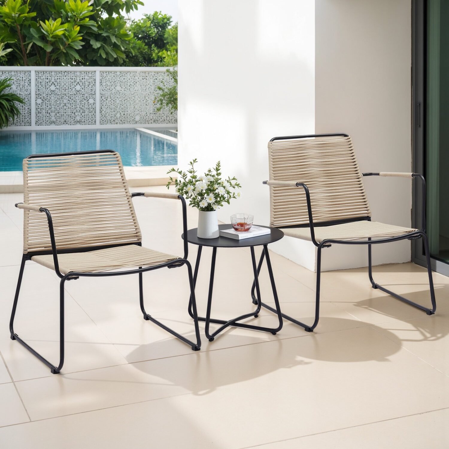 5 Piece Outdoor Patio Set with Ottoman & Side Table (Beige & Black) - Image 3