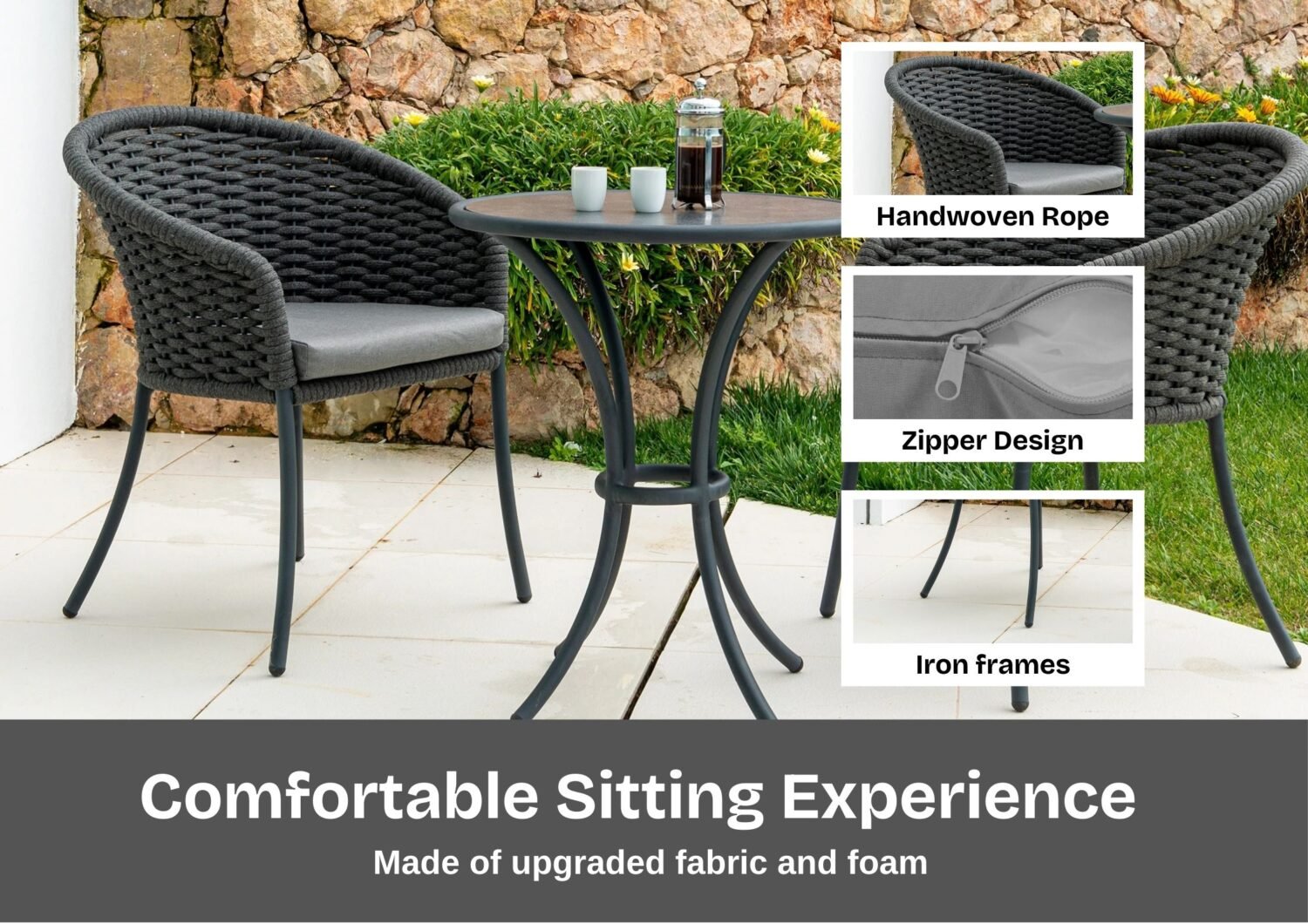 3-Piece Outdoor Rope Patio Set (Grey) - Image 3