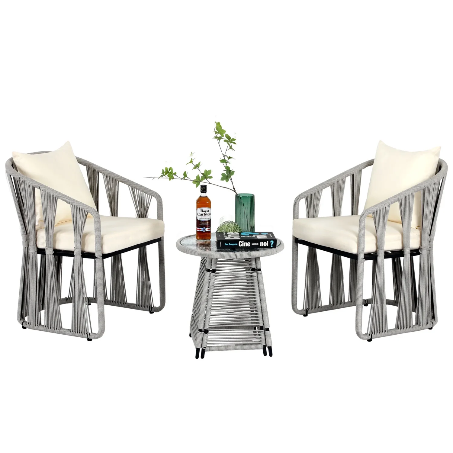3-Piece Outdoor Rope Patio Set (Grey & Cream) - Image 3
