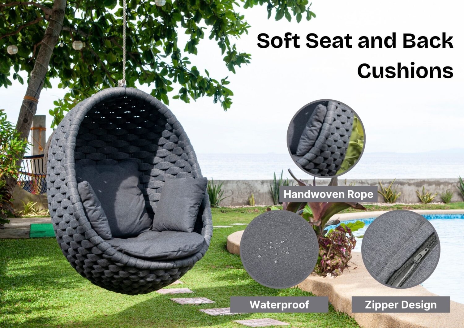 Grey Rope Hanging Egg Swing Chair  with Dark Grey Cushions - Image 4