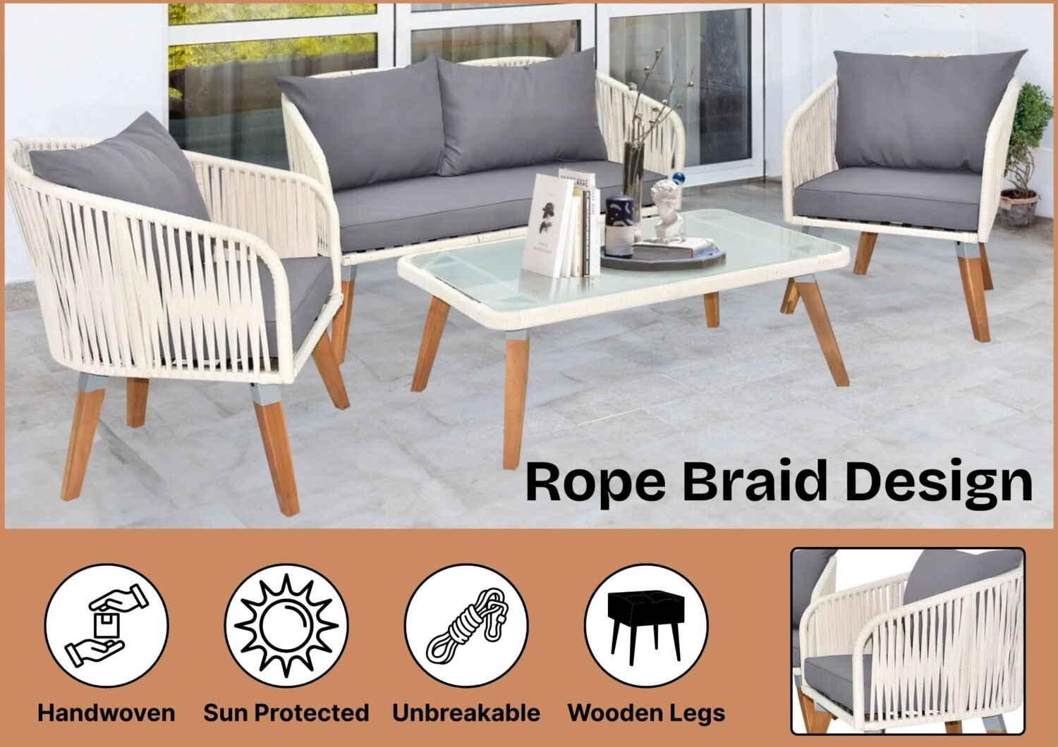 Outdoor Rope 4-Piece Sofa Set (White & Grey) - Image 4