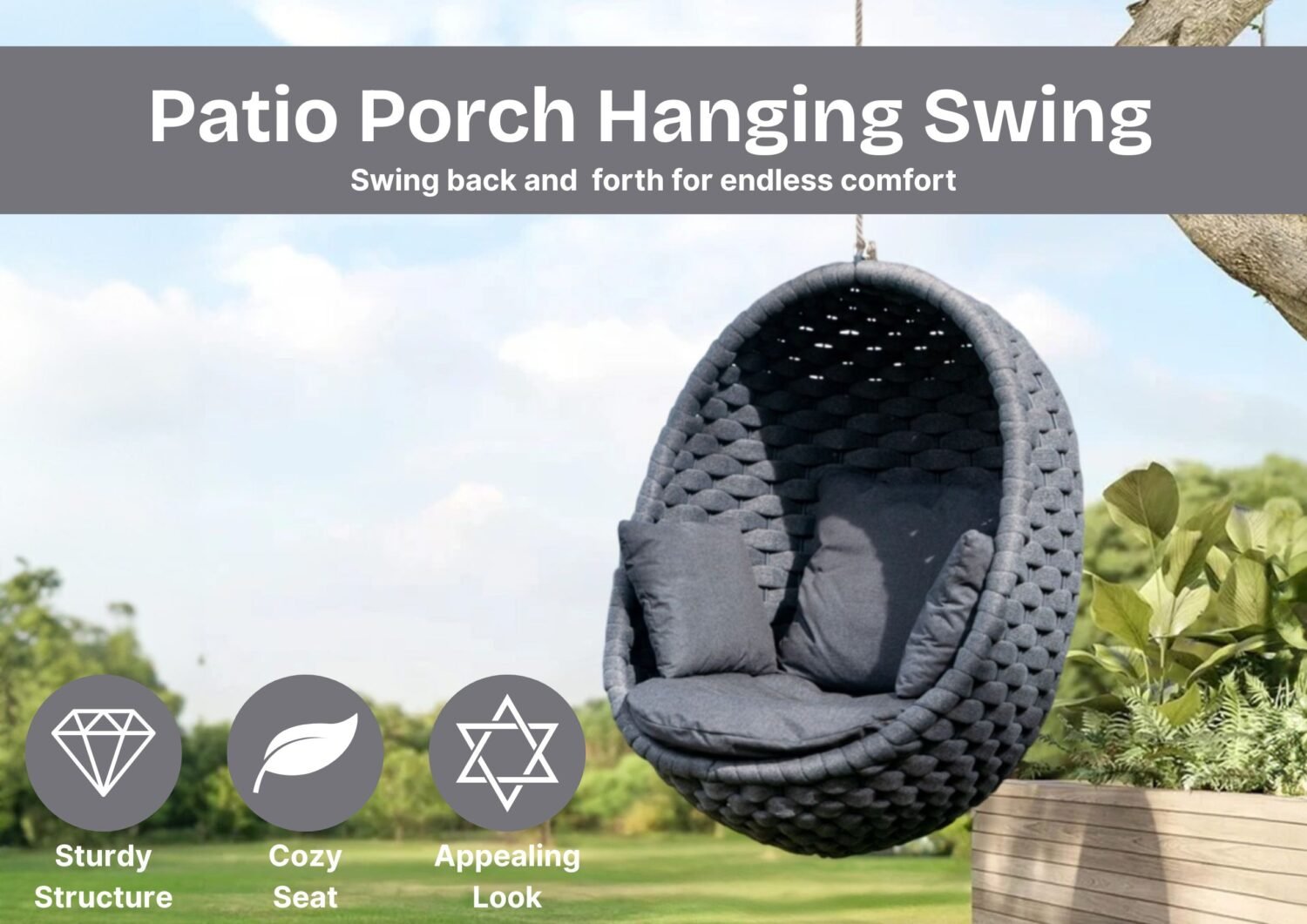Grey Rope Hanging Egg Swing Chair  with Dark Grey Cushions - Image 5