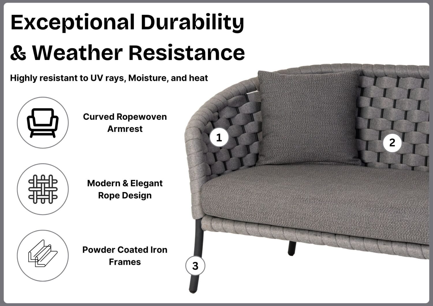 Outdoor Grey Rope 4 Piece Patio Sofa Set with Dark Grey Cushions - Image 6