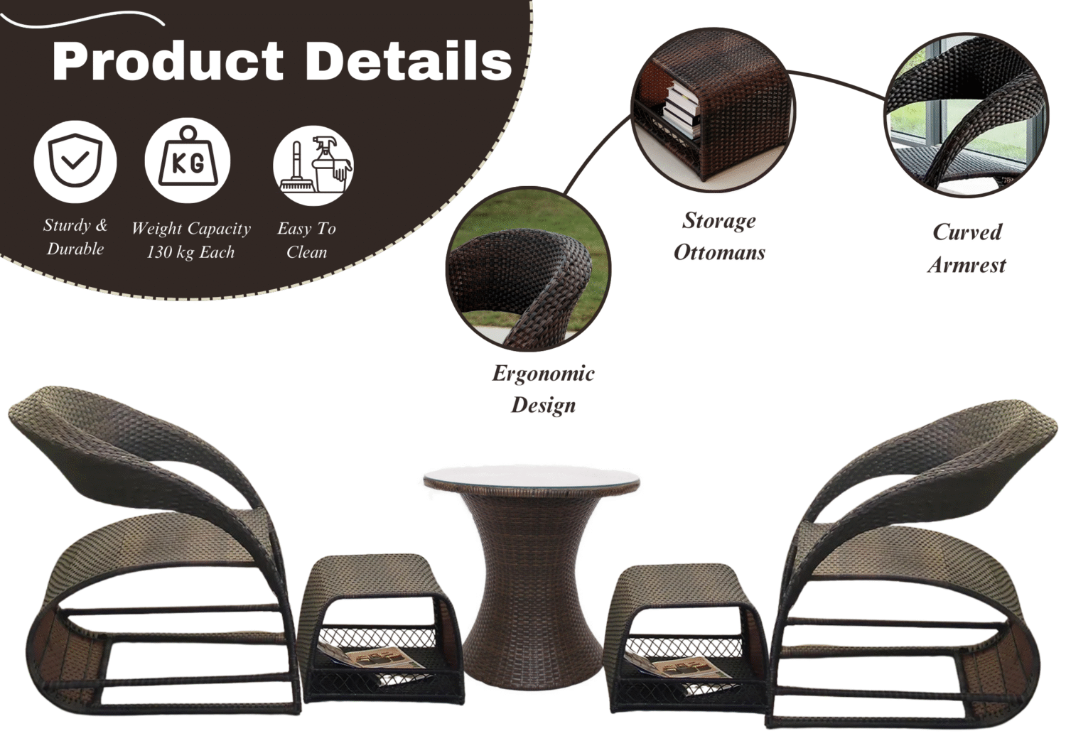 5-Piece Outdoor Wicker Patio Furniture Set with Ottomans & Table (Dark Brown) - Image 4
