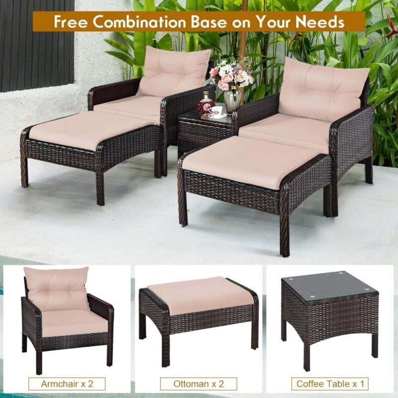 DEVOKO 5PC Wicker Conversation Set (Dark Brown/Cream) - Image 3