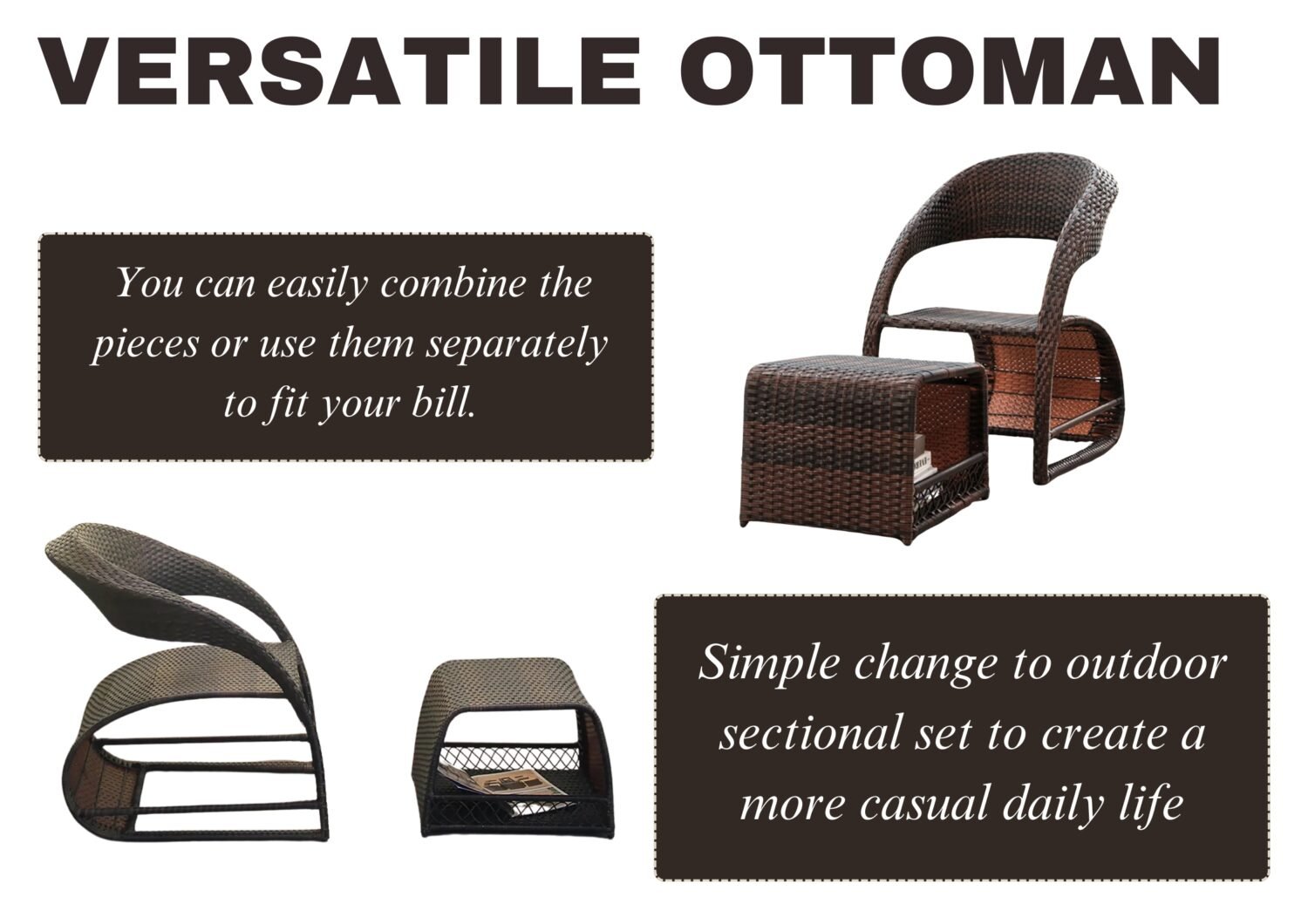 5-Piece Outdoor Wicker Patio Furniture Set with Ottomans & Table (Dark Brown) - Image 5