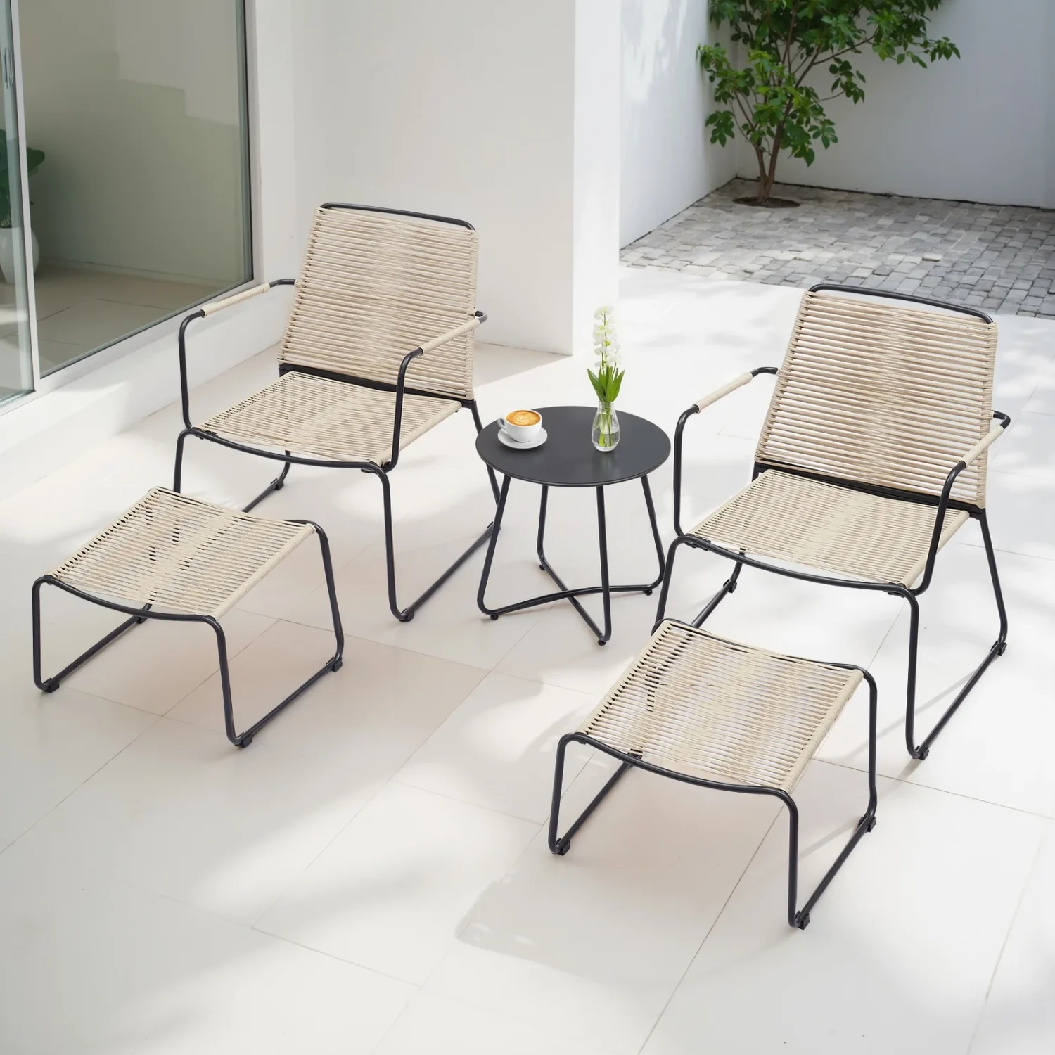 5 Piece Outdoor Patio Set with Ottoman & Side Table (Beige & Black) - Image 6
