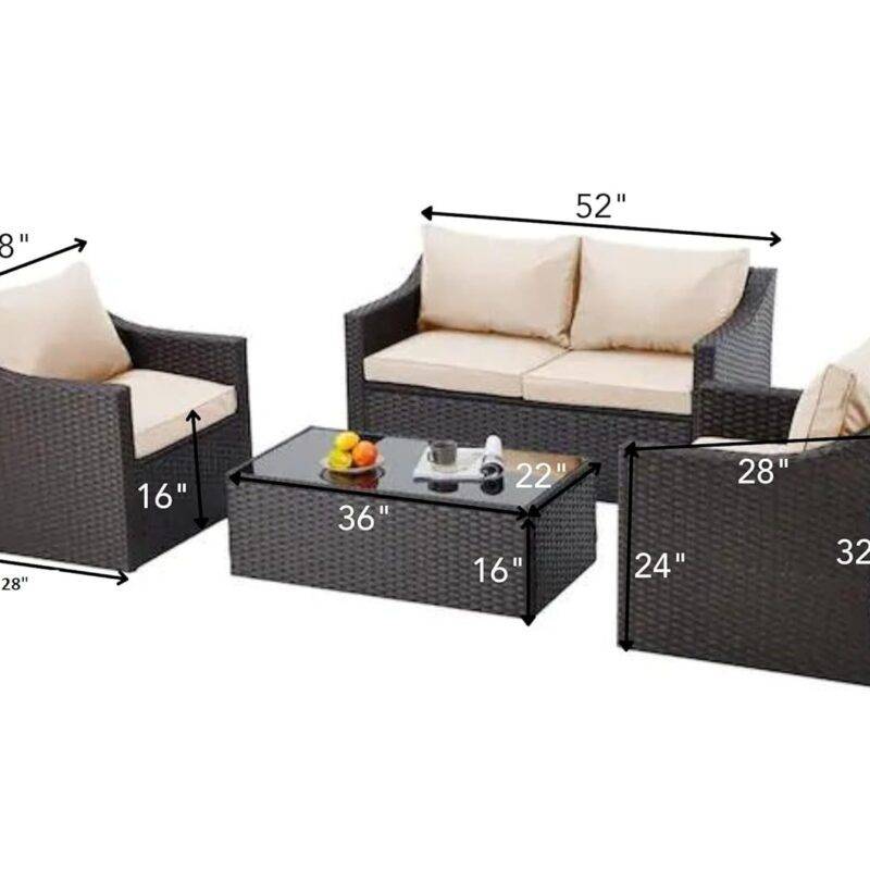 DEVOKO 4-Piece Outdoor Wicker Sectional Sofa Set with Table (Dark Brown & Cream) - Image 2