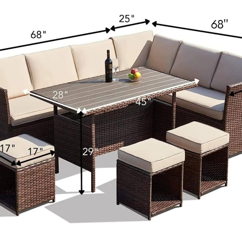 Devoko 6-Piece L-Shaped Rattan Patio Dining Set - Dark Brown/Cream - Image 2