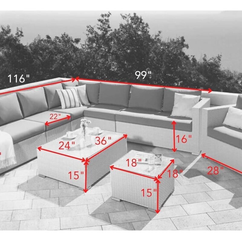 Devoko 7-Piece L-Shaped Outdoor Sectional Sofa with Manual Weaving Wicker, White Sofa & Grey Cushions - Image 2