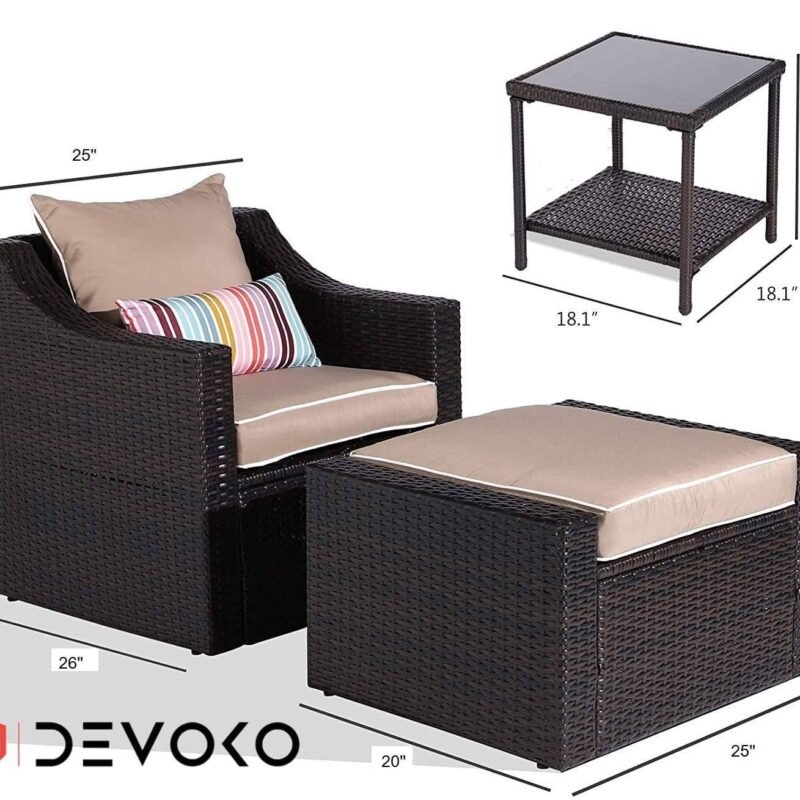5-Piece Outdoor Wicker Furniture Set (Dark Brown Rattan & Cream Cushion) - Image 2