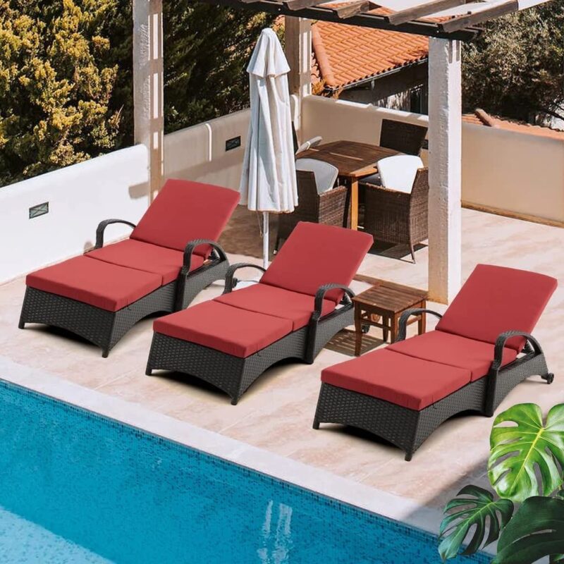 DEVOKO Outdoor Rattan Foldable Lounger: Dark Brown/Red - Image 3