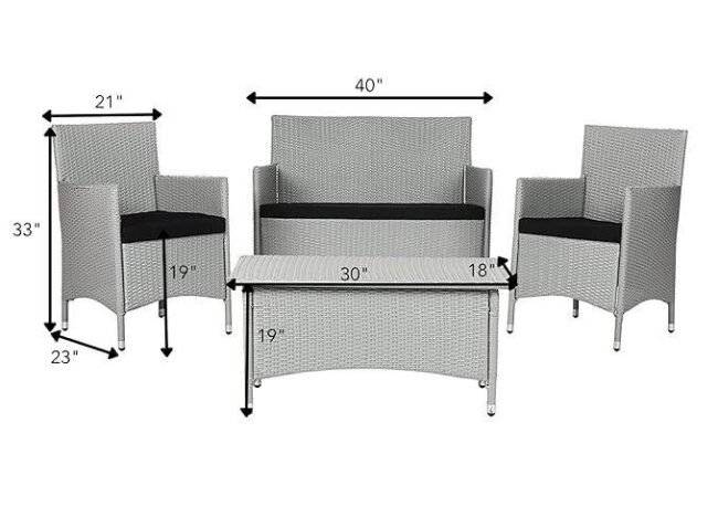 4-piece White & Black Rattan Patio Furniture Set with Cushions & Glass Table - Image 2