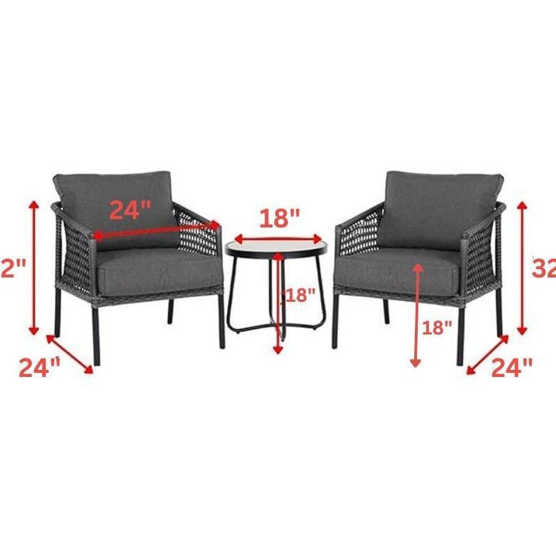 Devoko 3-Piece Patio Set - Black Wicker & Grey Cushion - Image 2