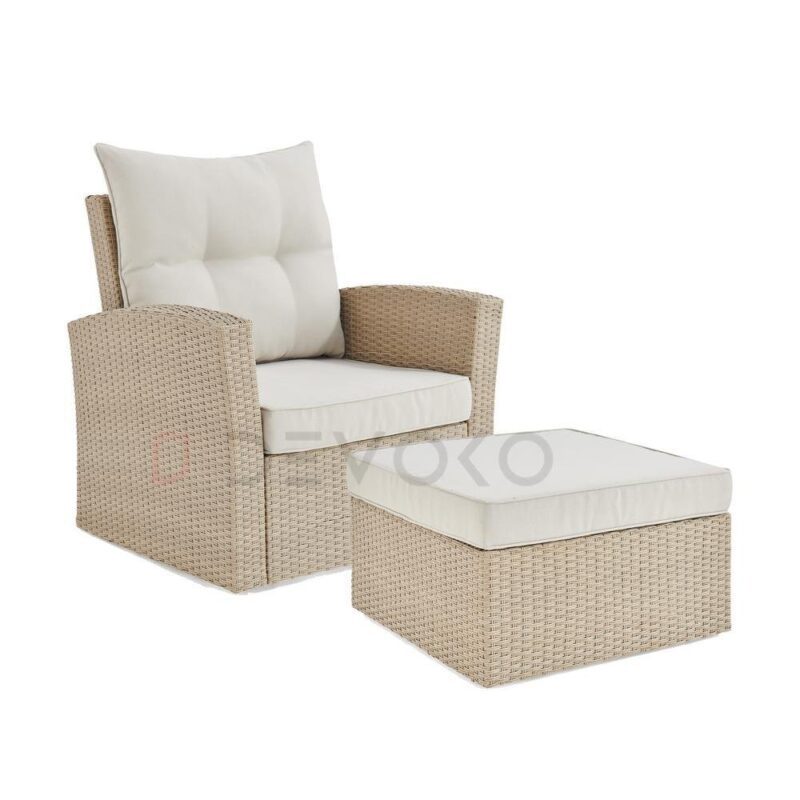 DEVOKO 4-Piece Rattan Garden Set: with Beige Wicker & White Cushions - Image 5
