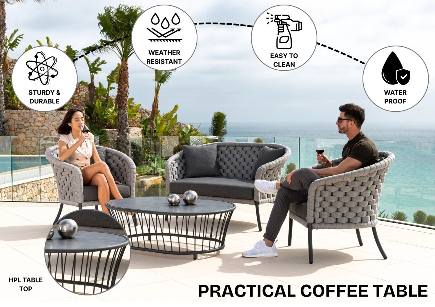 Outdoor Grey Rope 4 Piece Patio Sofa Set with Dark Grey Cushions - Image 9