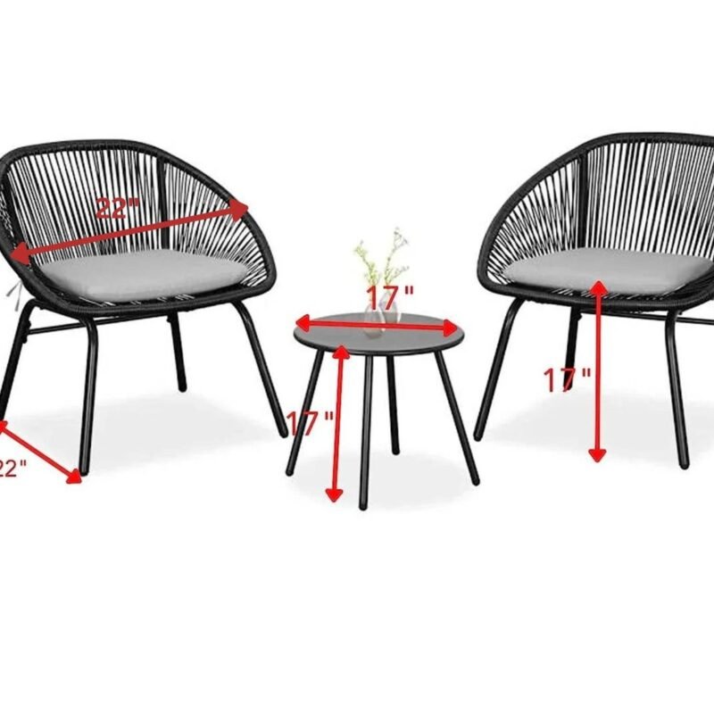 Devoko All-Weather 3-Piece Patio Set - Black Rope, Grey Cushions - Image 2