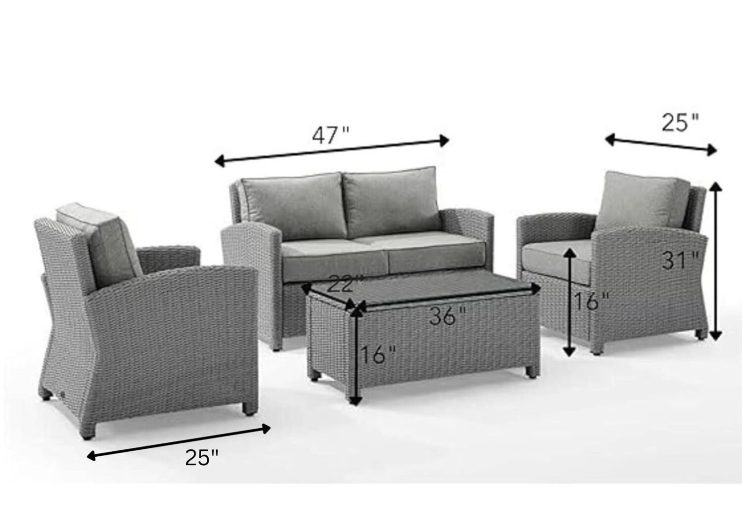 Devoko 4PCS Patio Wicker Furniture Set with Center Table, Silver Grey Rattan Chairs, and Grey Cushions for Outdoor Living - Image 2
