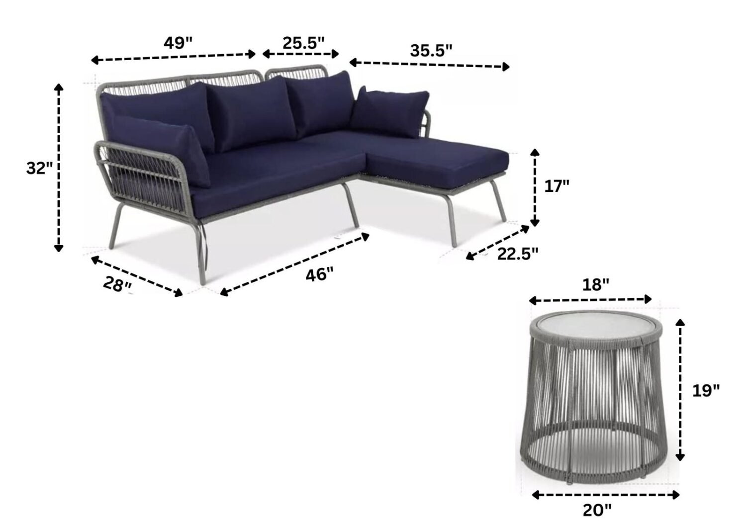 DEVOKO L-Shaped Outdoor Sofa Set with Rope Woven Design - Grey & Navy-blue - Image 2