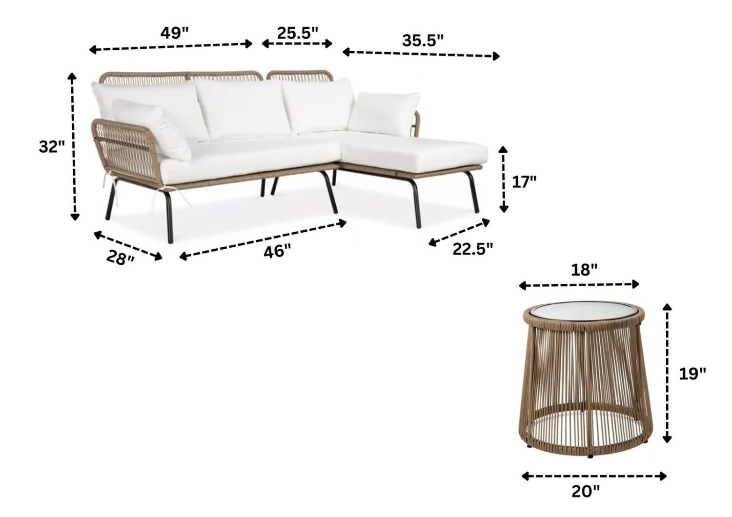 DEVOKO L-Shaped Outdoor Conversation Sofa Set with Cushions & Side Table (Beige/White) - Image 2
