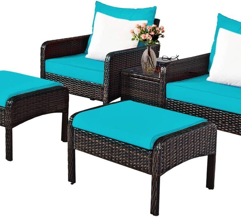 Devoko 5-Piece Wicker Patio Furniture Set with Ottomans & Coffee Table (Dark Brown/Sky Blue) - Image 3