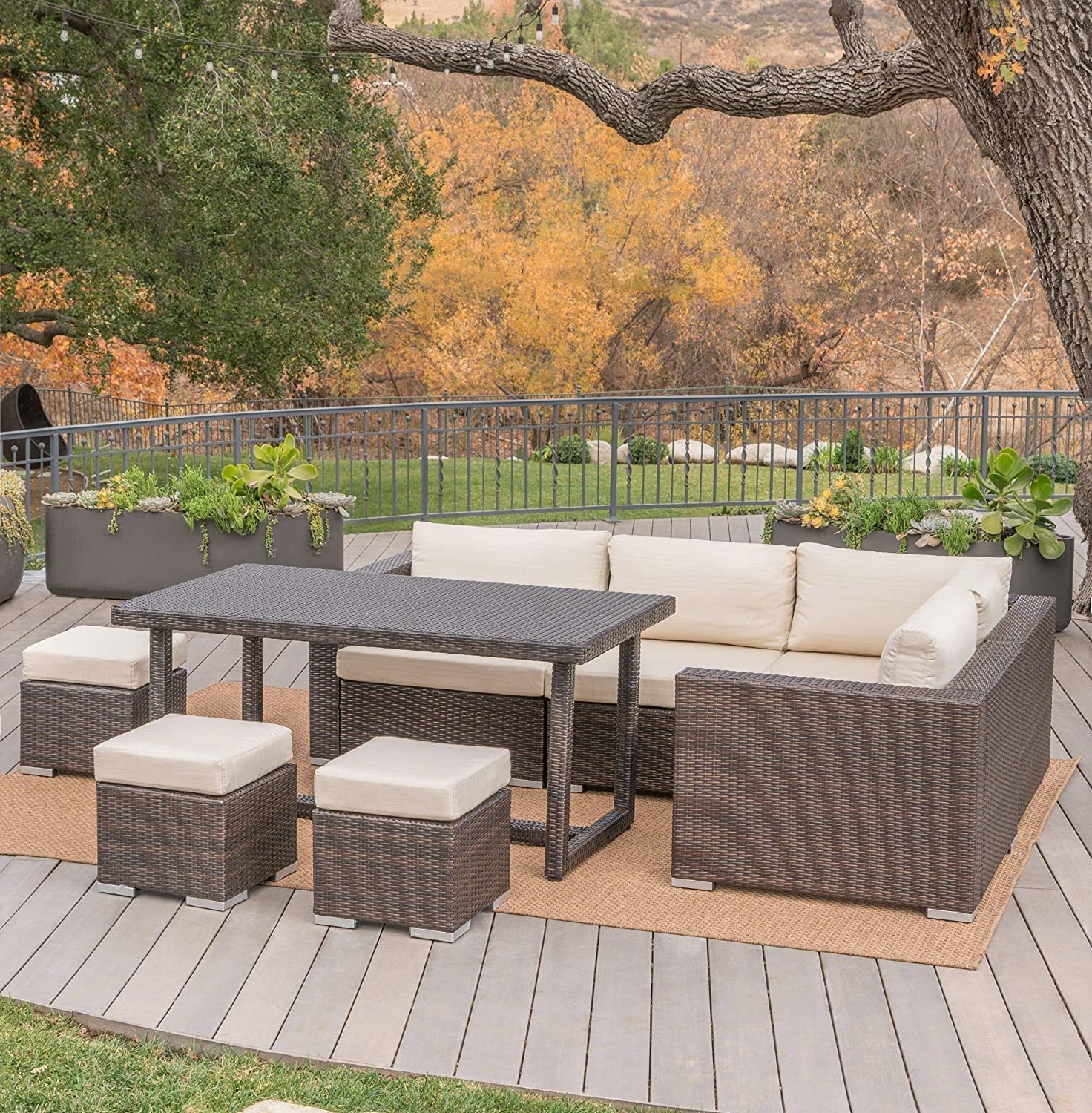 Devoko Outdoor Wicker Sofa Set - Dark Brown & Cream