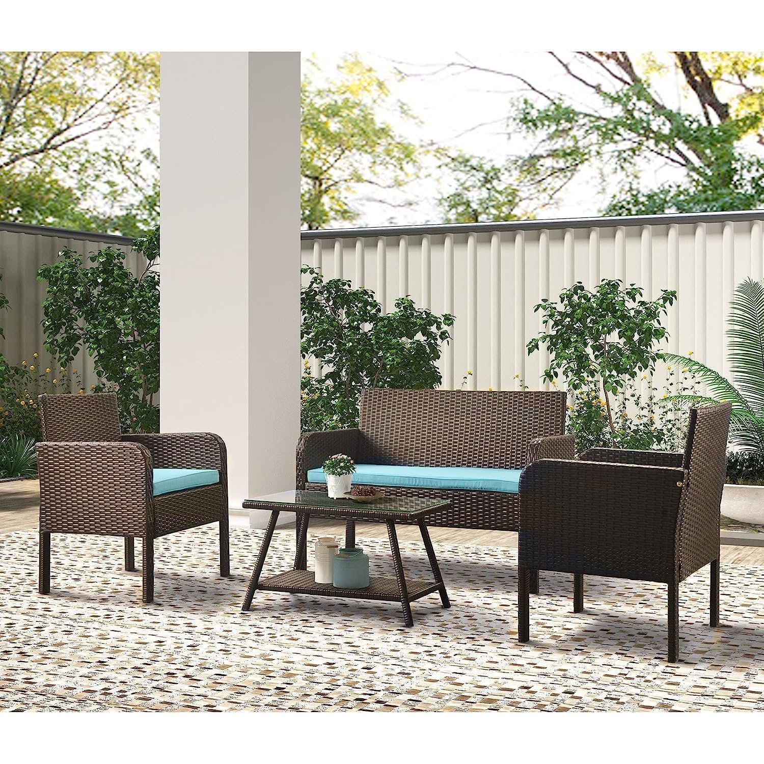 DEVOKO 4PCS Patio Wicker Furniture Set (Dark Brown & Sky-blue)