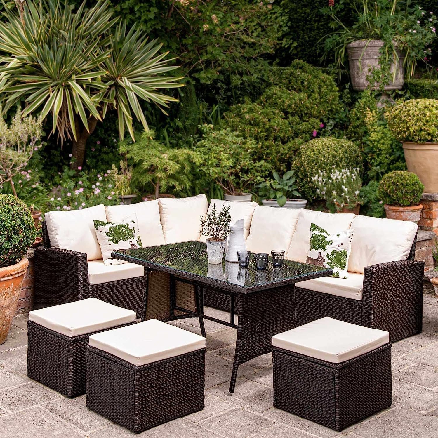 DEVOKO 6-Pcs Wicker Sofa Dining Set (Dark Brown & Cream)
