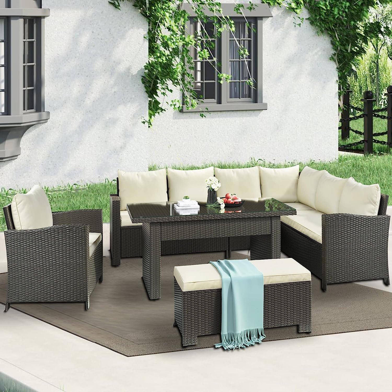 5-Piece Outdoor Patio Furniture Set with Dining Table and Chairs - Dark Brown/Cream