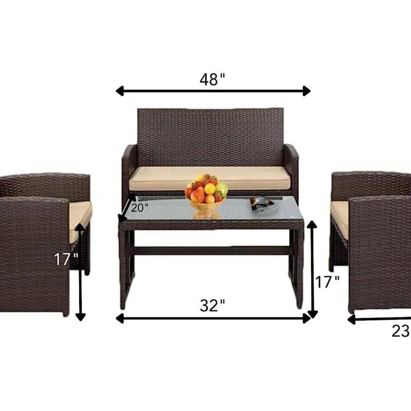 4-Piece Dark Brown Rattan Patio Furniture Set With Cream Cushion - Image 2