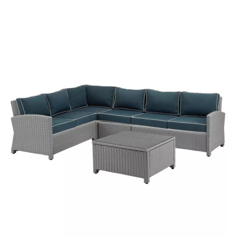 DEVOKO 3PCS Outdoor L-Shaped Rattan Sofa Set with Cushions and Table (Silver & Navy Blue) - Image 3