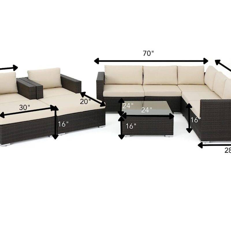 DEVOKO 7-Piece Rattan Sectional Sofa Set (Dark Brown/Cream) - Image 2