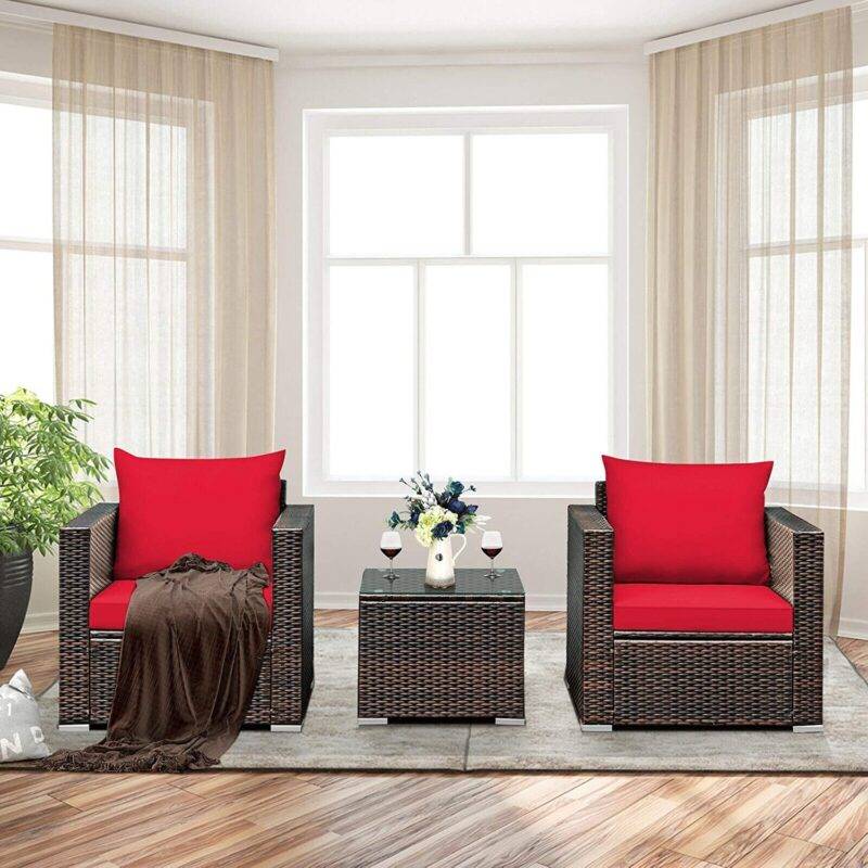 Devoko 3-Piece Rattan Bistro Set: Dark Brown/Red Outdoor Patio Furniture - Image 3
