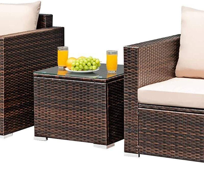 Devoko 3-Piece Outdoor Rattan Conversation Set (Dark Brown/Cream) - Image 4