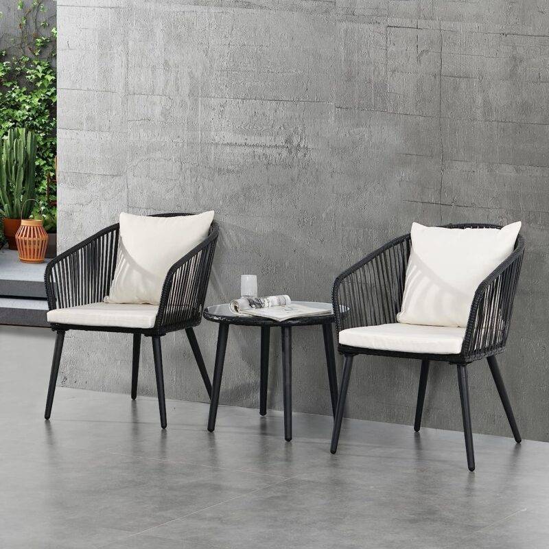 Devoko 3 Piece Patio Wicker Set – Black/Off-white – Terrace/Garden - Image 3