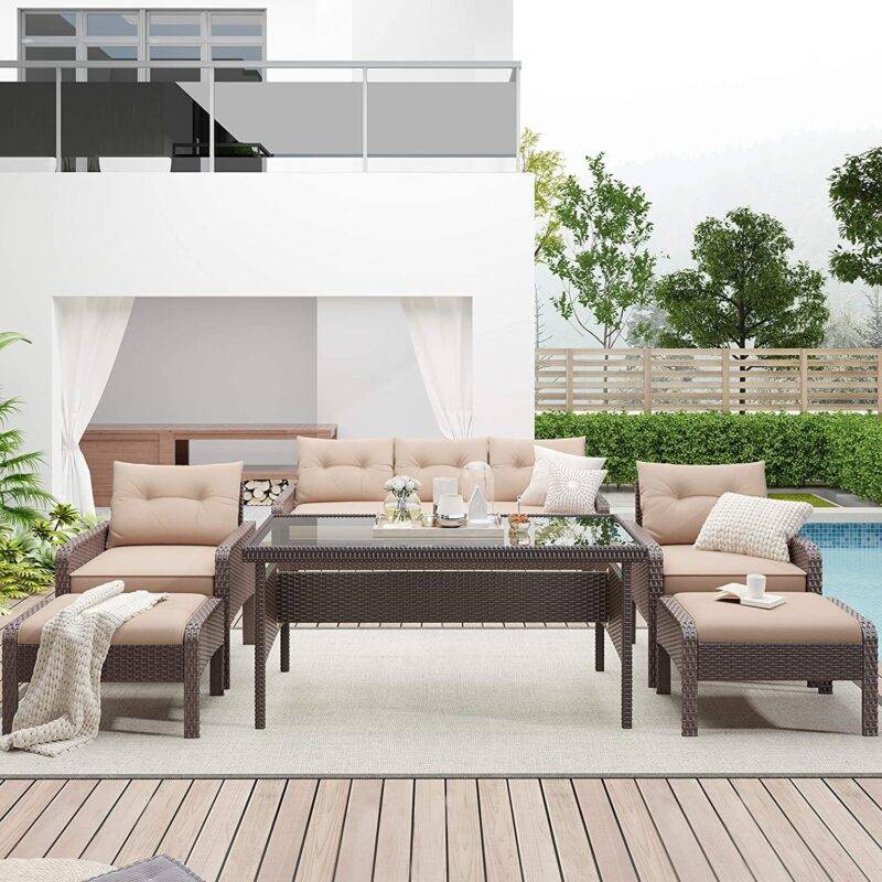 7-Seater Outdoor Sofa Set (Dark Brown/Cream) - Image 6