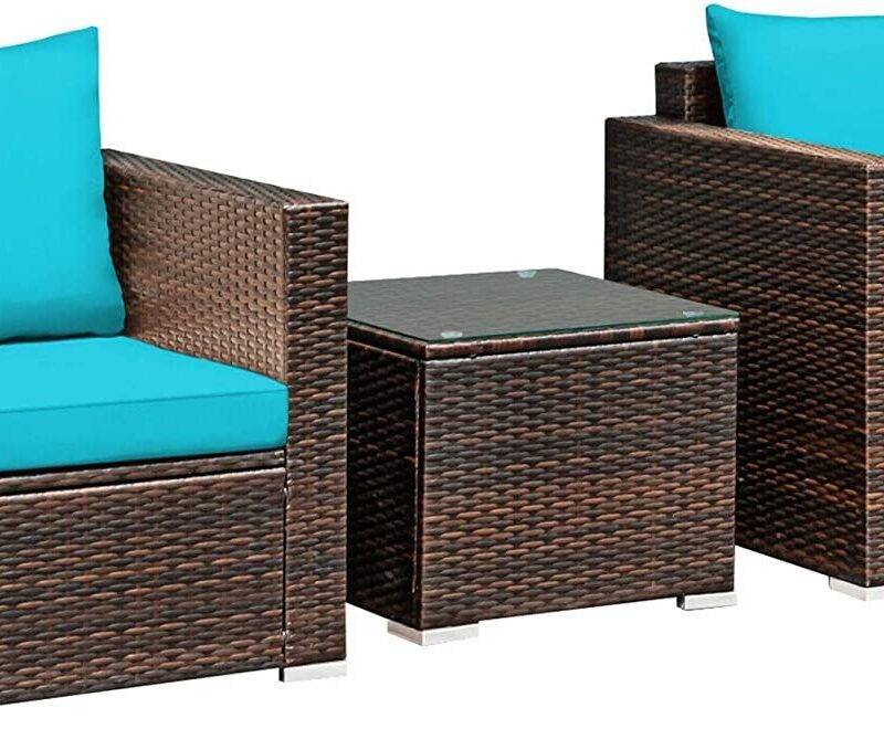 3-Piece Outdoor Bistro Set with Wicker Chairs and Table (Dark Brown/Sky Blue) - Image 3