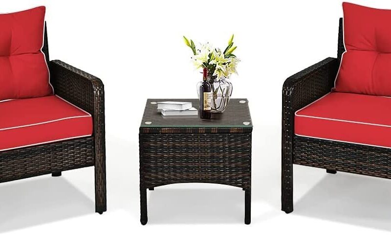 3-Piece Rattan Wicker Patio Furniture Set - Dark Brown/Red - Image 3