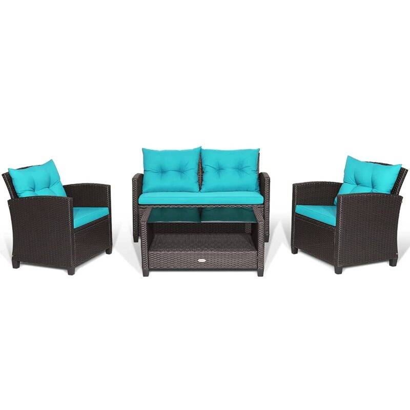 Devoko 4PC Wicker Patio Furniture Set with Cushions (Dark Brown & Sky Blue) - Image 2